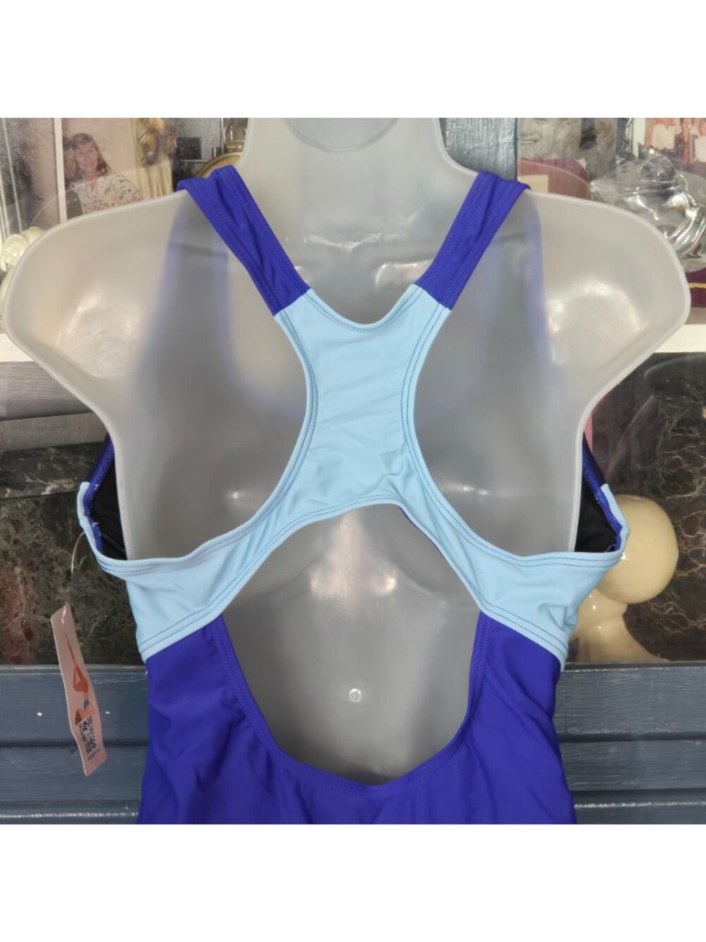 UPF 50+ One Piece Athletic Swimsuit L Colorblock Blue Black Racerback Lined - Picture 7 of 8